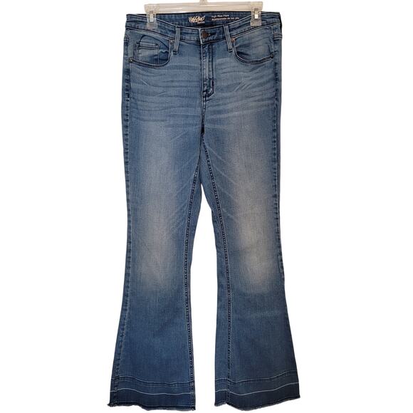Mossimo Women’s Size 10 Blue Jeans High Rise Flare Distressed Hem Stretch Denim - Picture 1 of 7
